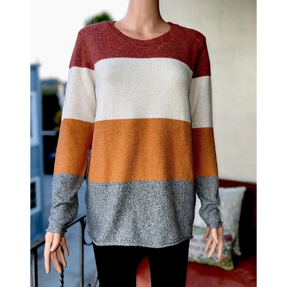 Pinque Women's Knit Sweater Long Sleeves Soft Warm Earth Tones Colorblock Size M